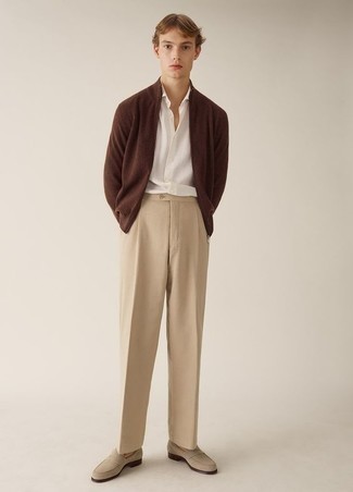 Какие лоферы носить с темно-коричневым свитером на молнии мужчине