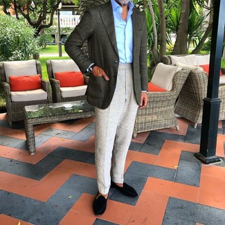 Какие лоферы носить с темно-зеленым пиджаком мужчине