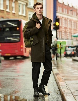С чем носить темно-зеленый рюкзак из плотной ткани мужчине