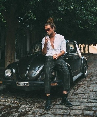 С чем носить темно-зеленые брюки чинос в клетку