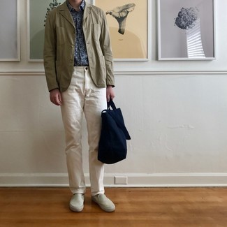 С чем носить темно-зеленый хлопковый пиджак мужчине