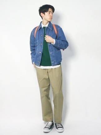 С чем носить темно-зеленый свитер с круглым вырезом мужчине