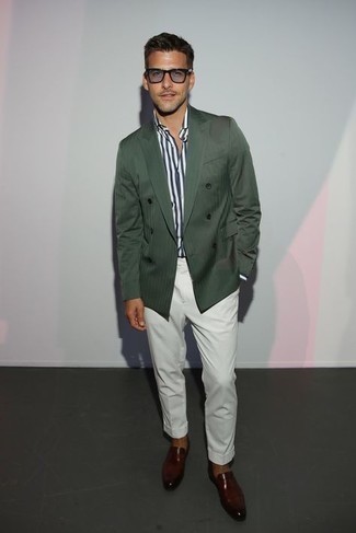 С чем носить темно-зеленый двубортный пиджак мужчине