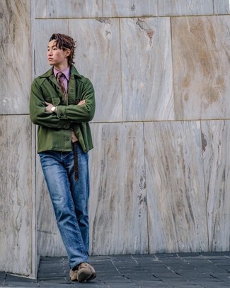 С чем носить темно-зеленую фланелевую куртку-рубашку мужчине