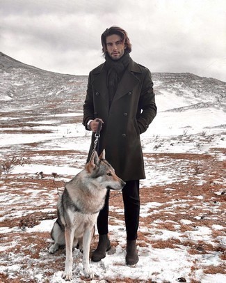 С чем носить темно-зеленое длинное пальто