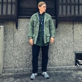 Какие куртки-рубашки носить с темно-зеленой футболкой-поло мужчине