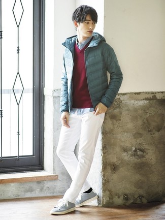 С чем носить темно-зеленую куртку-пуховик мужчине