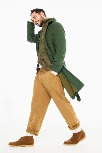 Какие брюки чинос носить с темно-зеленым дождевиком