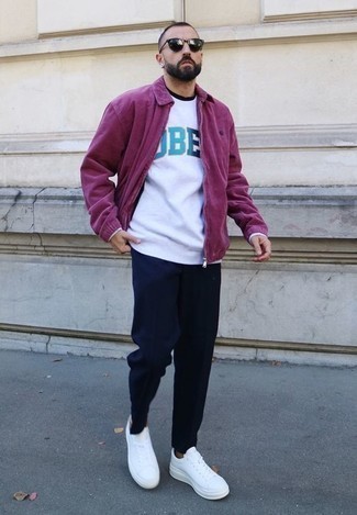 С чем носить темно-пурпурную куртку харрингтон