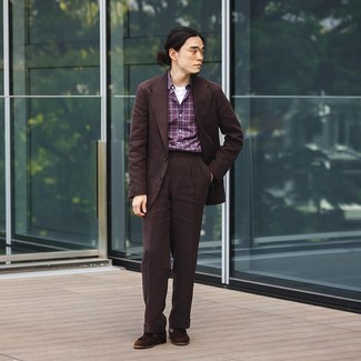 С чем носить темно-пурпурную рубашку в шотландскую клетку мужчине