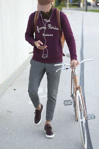 С чем носить темно-пурпурный свитер с принтом мужчине