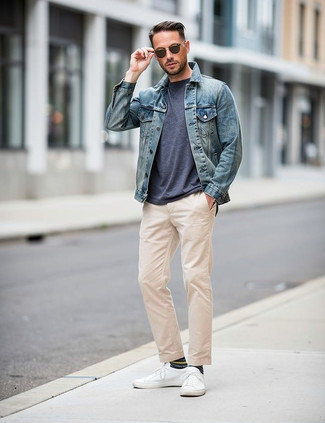 Как носить джинсовую куртку с брюками чинос