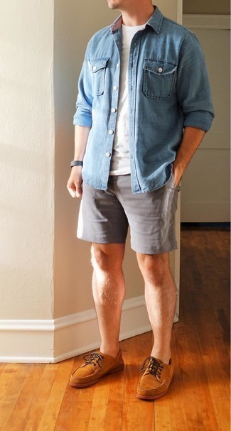 Как носить джинсовую рубашку с шортами мужчине