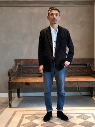 Как носить двубортный пиджак с ботинками челси мужчине