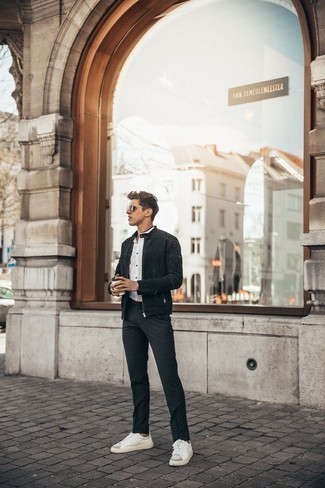 Как носить классические брюки с бомбером мужчине