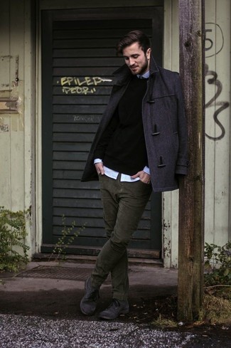 Как носить дафлкот с свитером с круглым вырезом мужчине