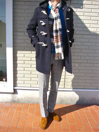 Как носить дафлкот с свитером с круглым вырезом мужчине