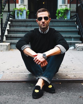 С чем носить замшевые лоферы с вышивкой мужчине