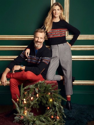 С чем носить свитер с воротником на молнии с жаккардовым узором мужчине