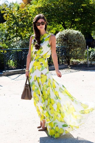 С чем носить зелено-желтое платье-макси