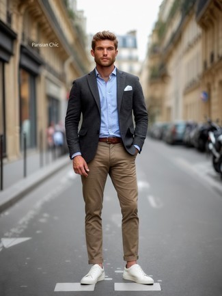 Как носить серый пиджак с бежевыми брюками чинос