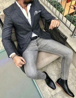 Как носить серый пиджак с серыми джинсами мужчине