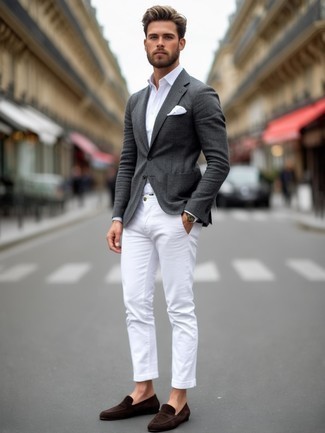 Какие лоферы носить с серым пиджаком мужчине