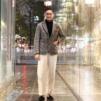Как носить серый пиджак с белыми классическими брюками мужчине