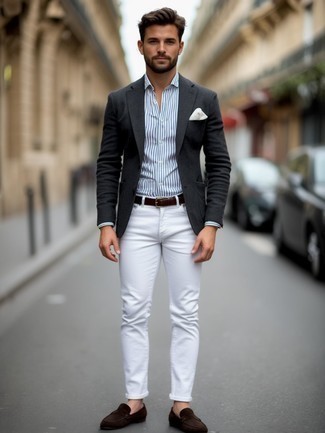 Как носить серый пиджак с белыми джинсами мужчине