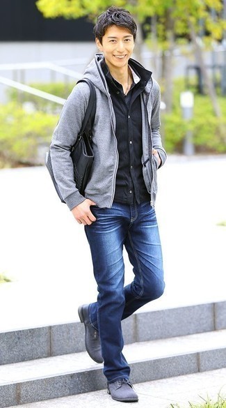 С чем носить серые туфли дерби из плотной ткани