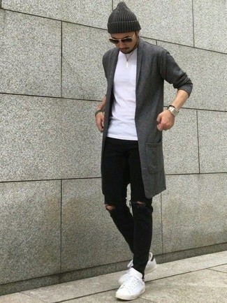 Как носить серый кардиган с черными джинсами мужчине