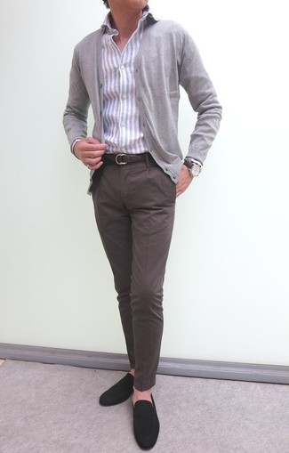 Какие лоферы носить с серым кардиганом мужчине