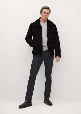 Какие короткие дубленки носить с серыми брюками чинос