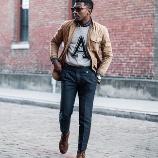 Какие ботинки броги носить с серым свитером с круглым вырезом