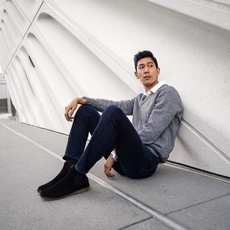 С чем носить серый свитер с круглым вырезом мужчине