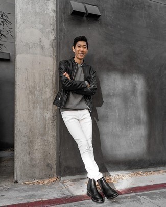 С чем носить серый свитер с круглым вырезом мужчине