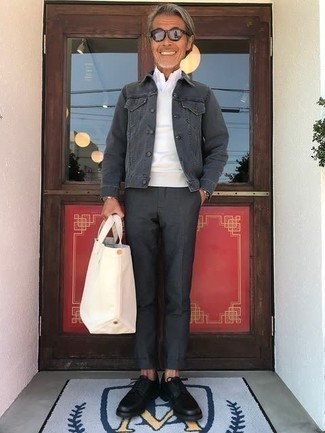 Как носить серую джинсовую куртку с темно-серыми брюками чинос