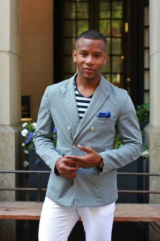 Какие брюки чинос носить с серым двубортным пиджаком