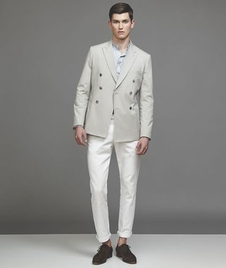 Как носить серый двубортный пиджак с белыми брюками чинос