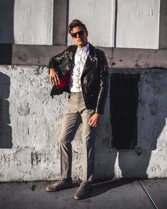 Какие косухи носить с серыми классическими брюками мужчине