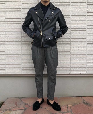 Какие косухи носить с серыми классическими брюками мужчине