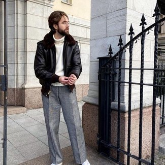 Какие короткие дубленки носить с серыми классическими брюками мужчине