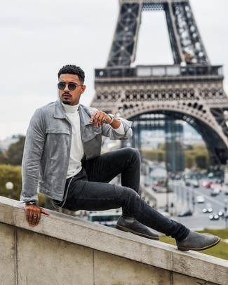 Какие джинсы носить с серой курткой харрингтон