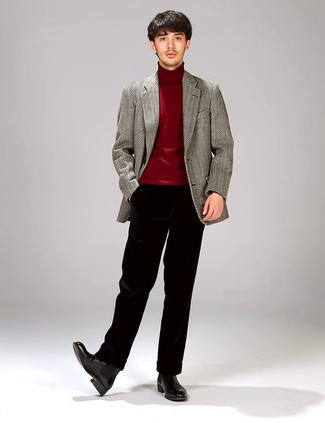 С чем носить серый пиджак с узором "в ёлочку" мужчине