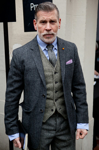 С чем носить серый шерстяной жилет с узором "в ёлочку"