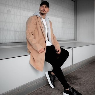 Как носить серый худи с бежевым длинным пальто