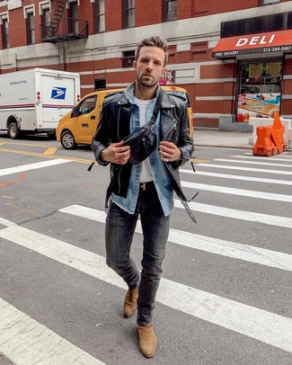 Какие косухи носить с серыми джинсами мужчине