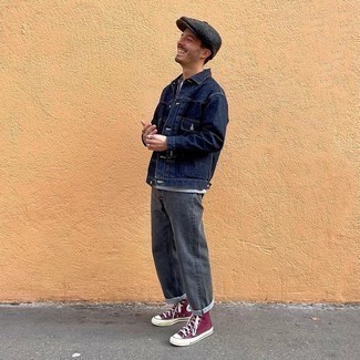 Какие высокие кеды носить с серыми джинсами мужчине