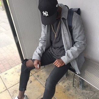 Какие куртки-рубашки носить с серыми джинсами мужчине