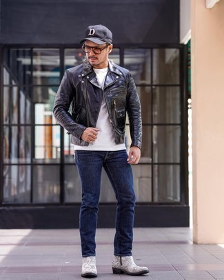 С чем носить серые кожаные ботинки челси мужчине